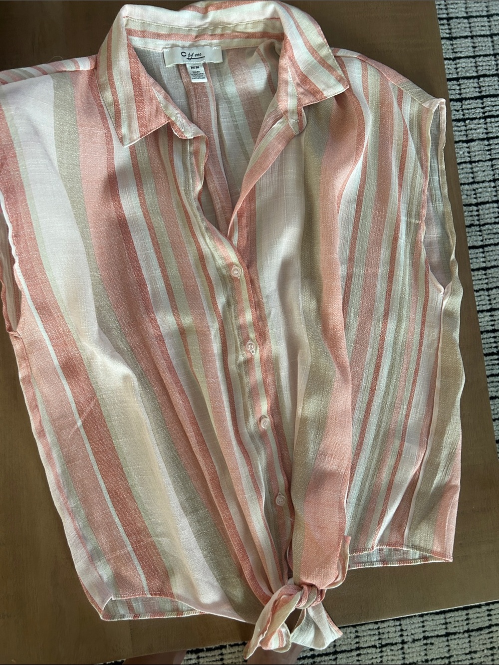 CYNTHIA ROWLEY Coral & Cream Striped Tie-Front Tank